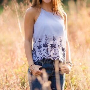 Blue and white tank with navy embroidered flowers